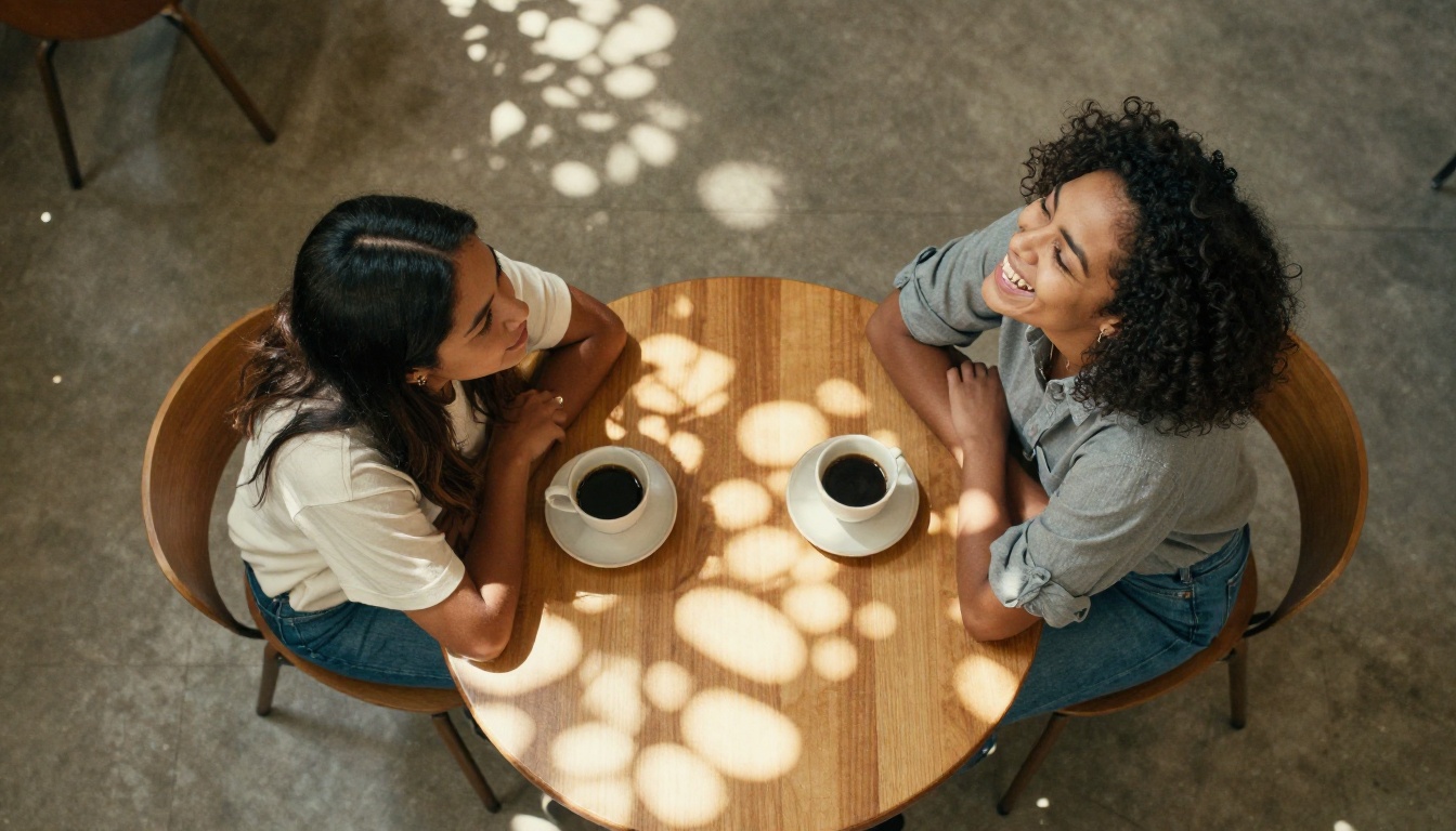 Overhead aerial view of two women in conversation at a cafe, one leaning forward with interest, one laughing with head tilted back, warm skylights creating dappled light patterns on the wooden table