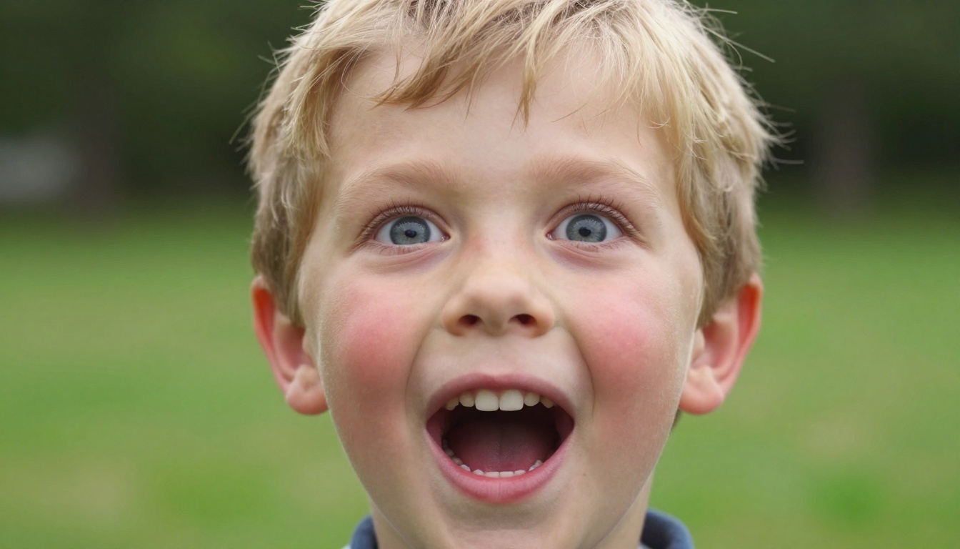 A child approximately 8 years old with pure wonder and awe expression, eyebrows raised high, mouth open in amazement, wide eyes with enlarged pupils, soft overcast outdoor light in a park