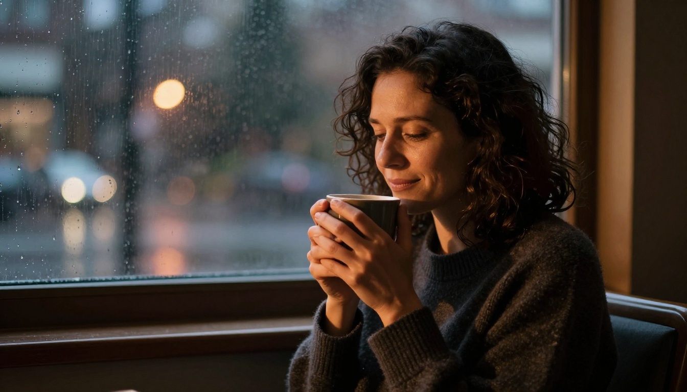 Intimate medium shot of a woman at a window seat in late afternoon showing quiet contentment and wistfulness, amber side light from the window, raindrops on the glass behind her, dark curly hair, warm interior mood