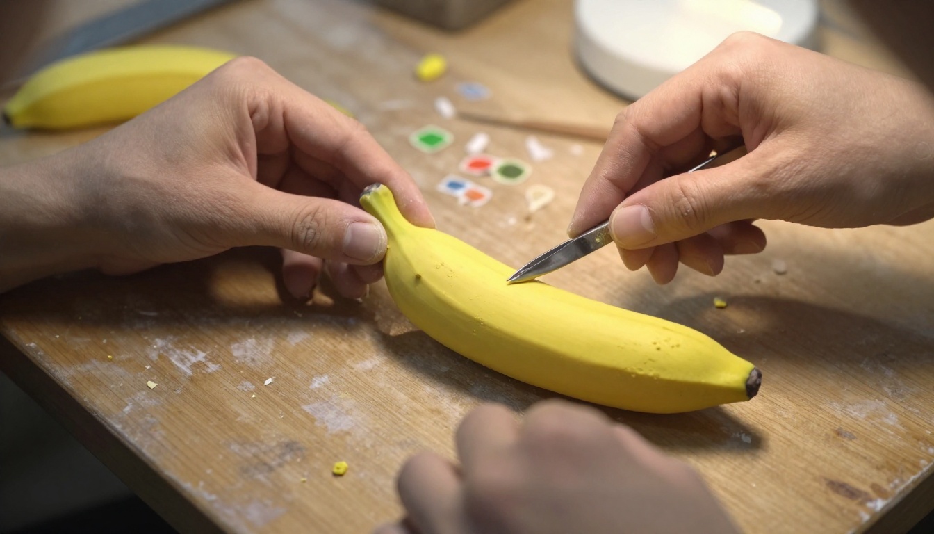 Craftsperson's hands molding a banana clay figurine on a wooden workbench