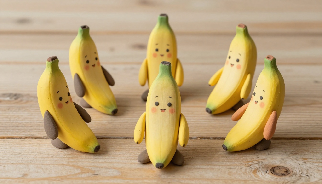 A collection of five clay banana figurines arranged on a wooden surface