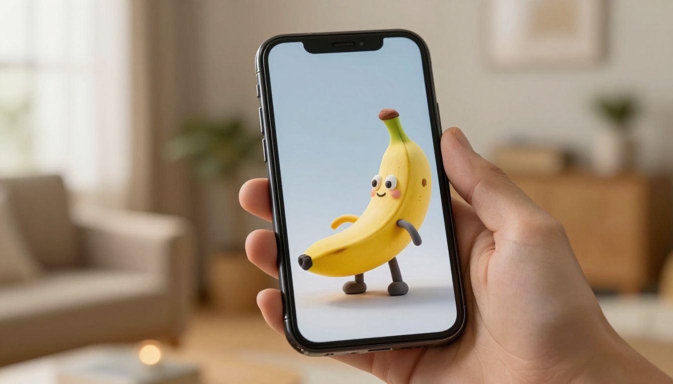 Smartphone screen showing an AI-generated clay banana figurine character