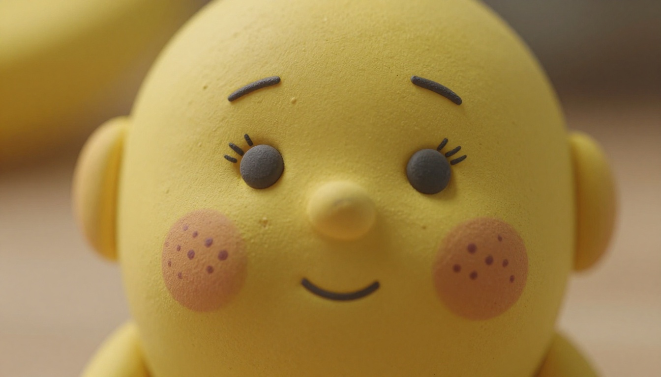 Extreme close-up macro shot of a clay banana figurine face showing hand-painted features