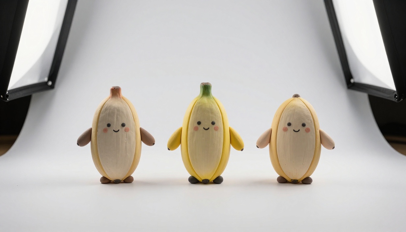 Three clay banana figurines standing side by side on white surface