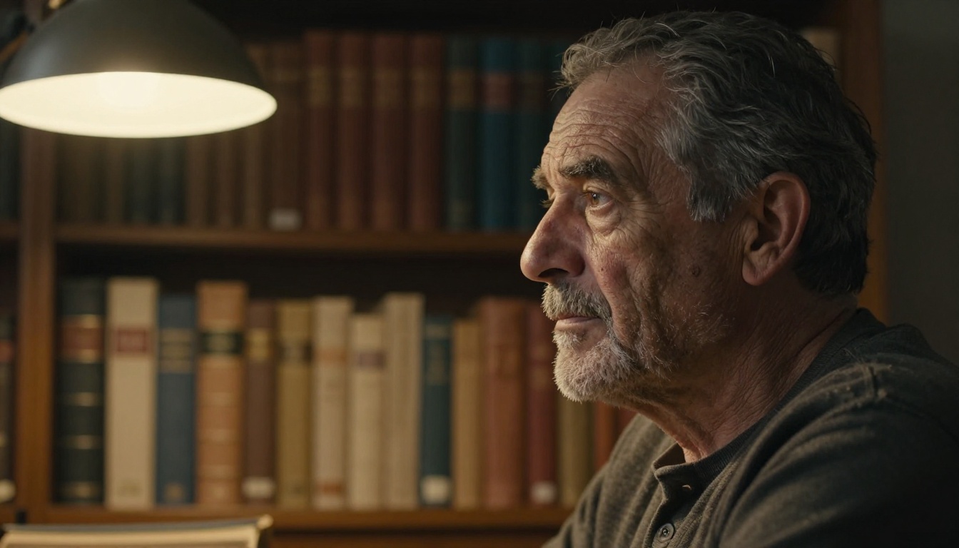 Portrait showing ultra-realistic skin detail with visible pores and natural chiaroscuro light from a library desk lamp