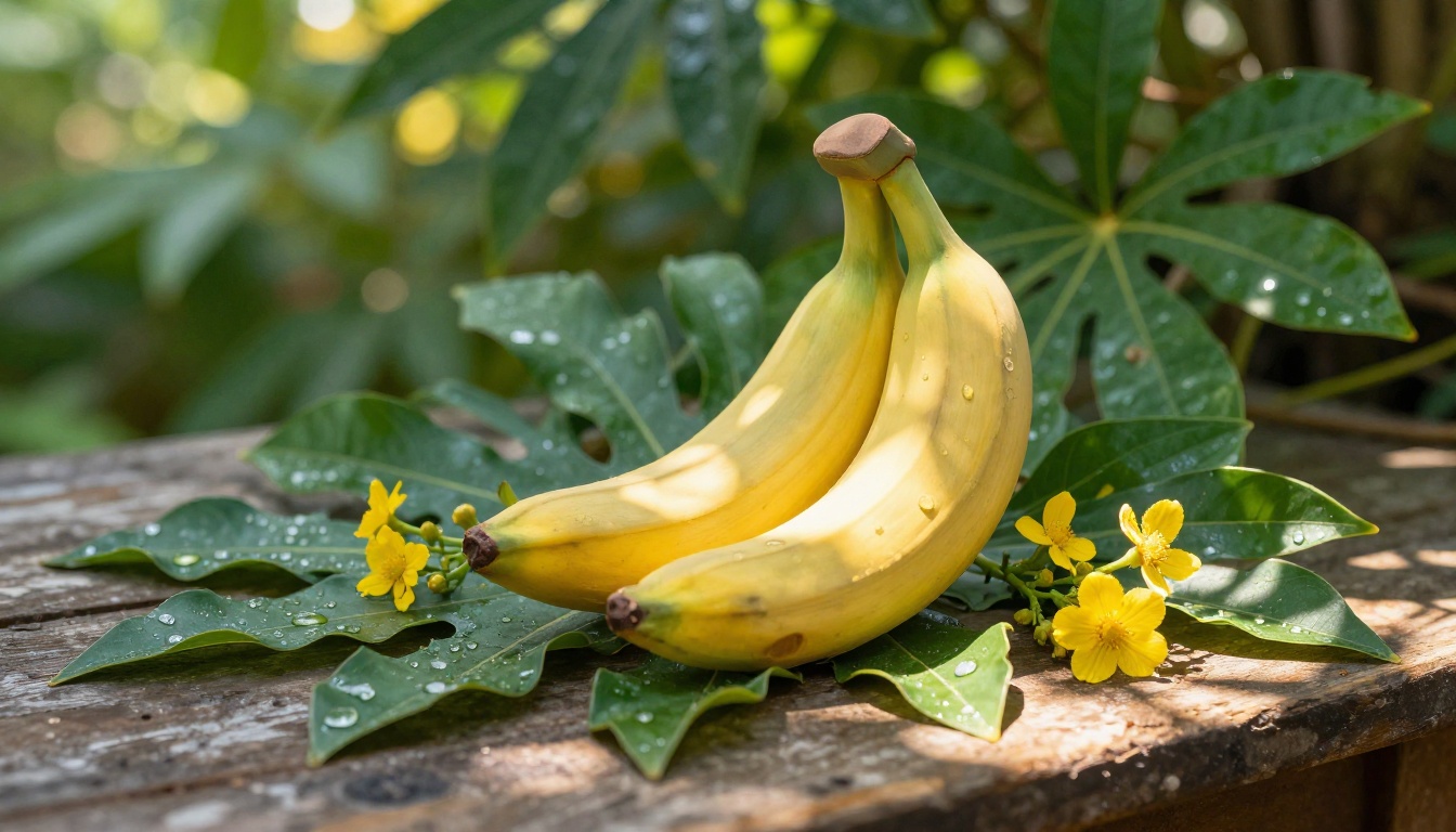 Clay banana figurine placed among tropical leaves and yellow flowers on a garden table
