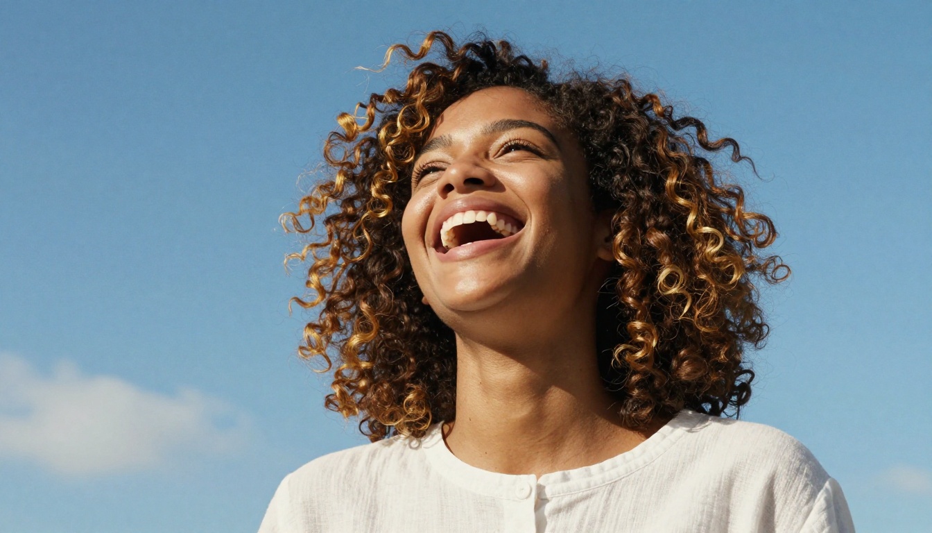 Low-angle portrait of a young Black woman laughing in brilliant midday sunlight, hair catching golden halo light