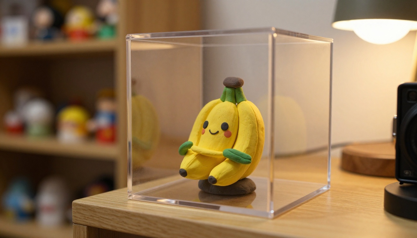 Clay banana figurine displayed inside a clear acrylic collector display box on a wooden shelf
