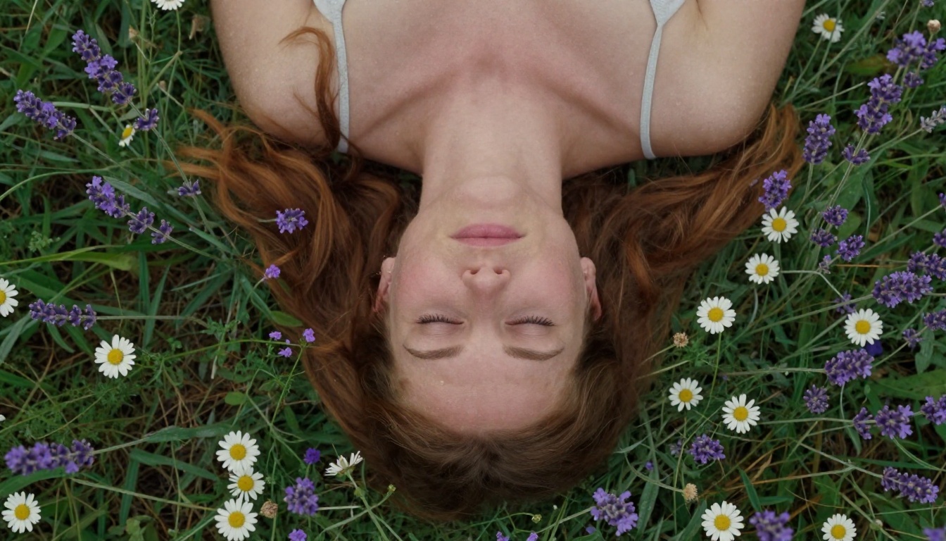 Aerial overhead portrait of a woman in a wildflower field, overcast diffused light, petals mixed with auburn hair