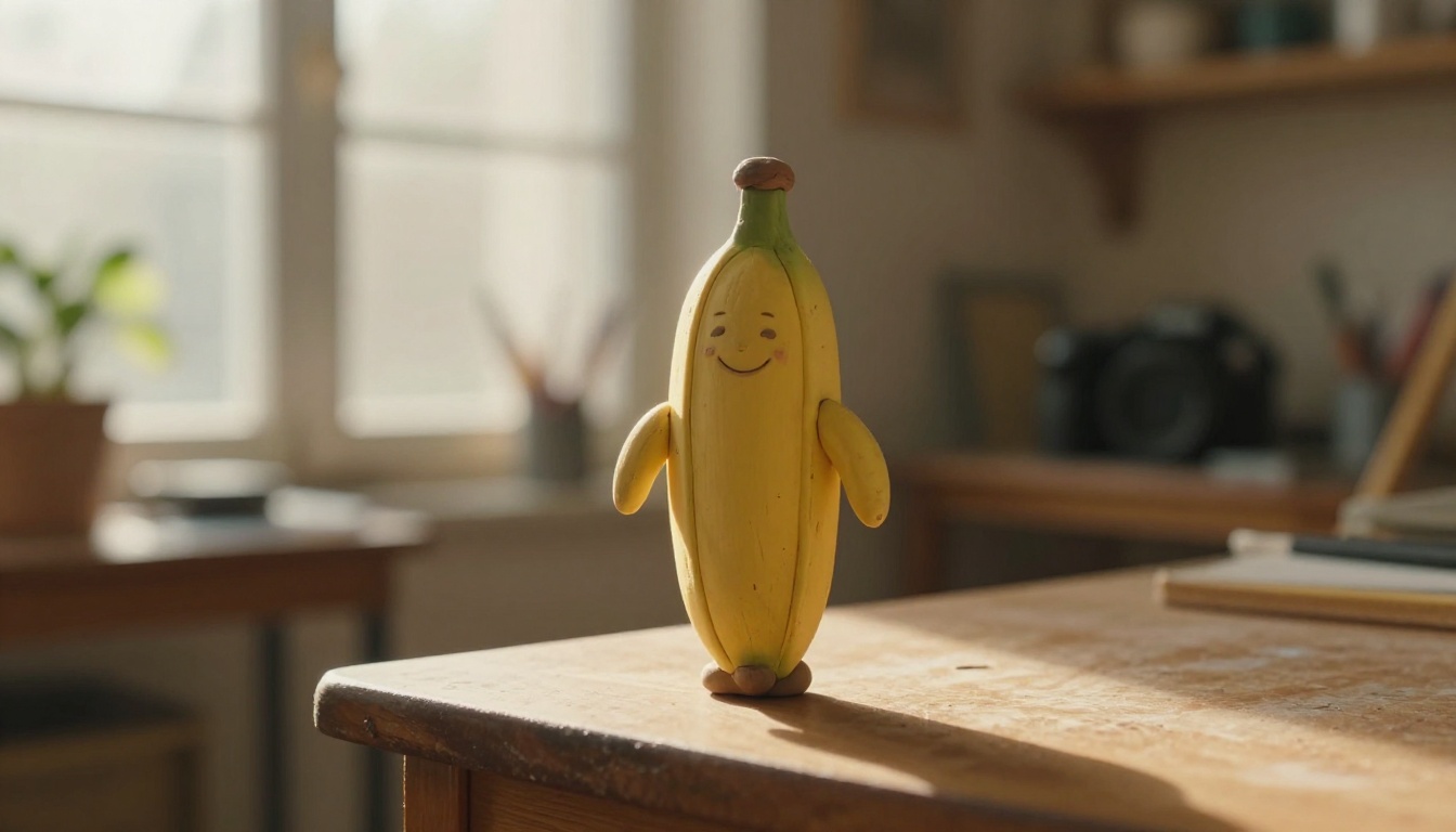 Low-angle heroic perspective of a clay banana figurine standing on the edge of a wooden desk
