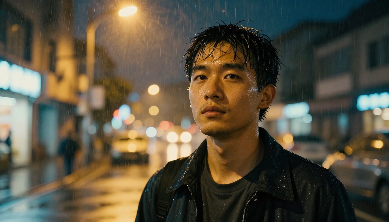 Young Asian man in an urban street at night, warm streetlamp overhead, rain drops mid-air, naturally oily humid skin