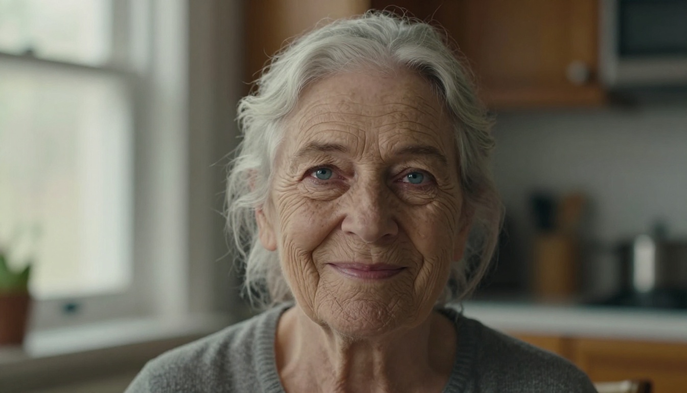 Three-quarter portrait of an elderly woman with deep character wrinkles, silver hair, pale blue eyes in soft window light