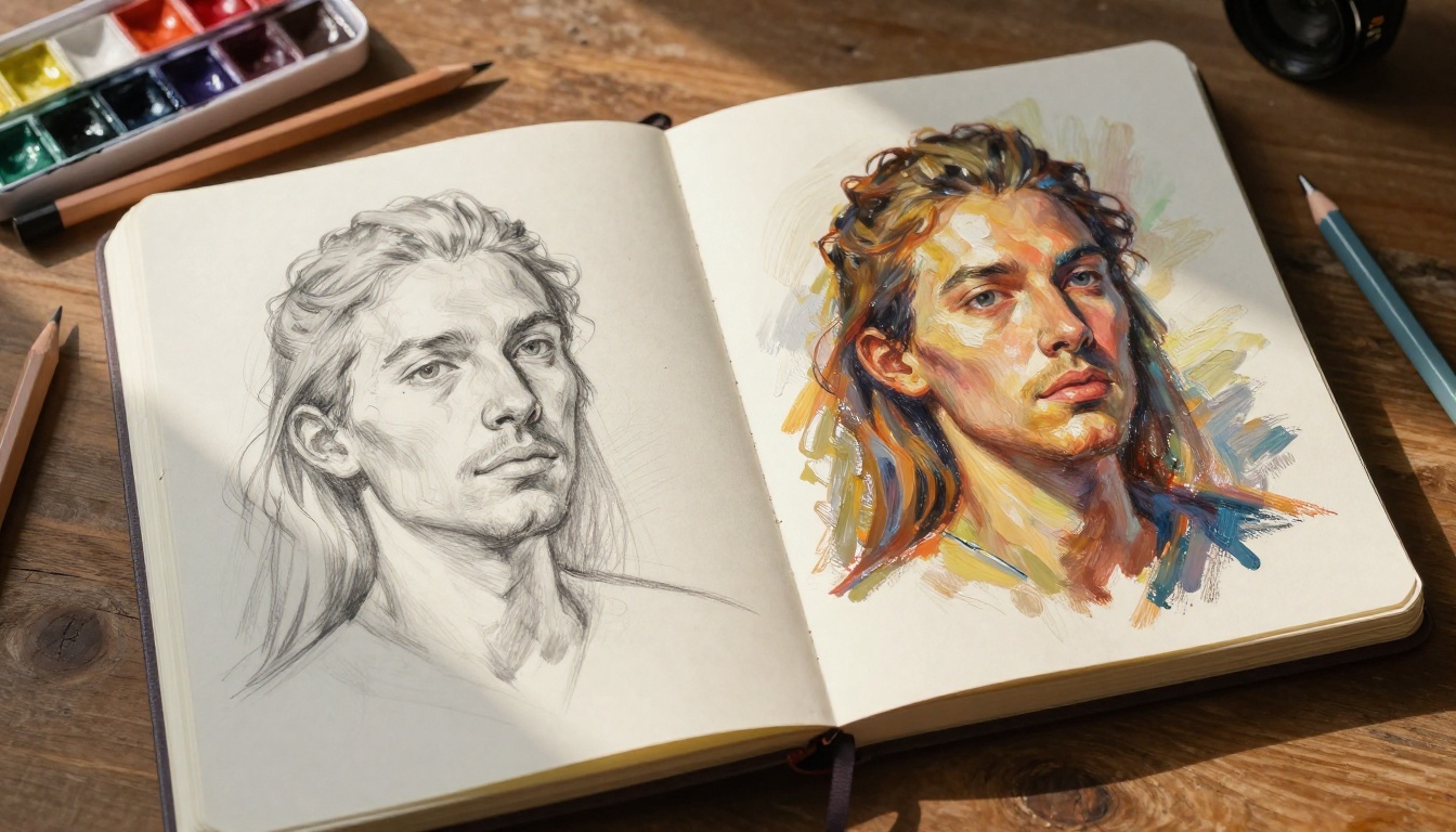 Sketchbook open showing pencil sketch on left page and oil painting on right page