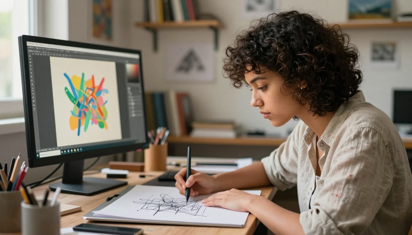 Young woman artist sketching on a drawing tablet in a studio environment