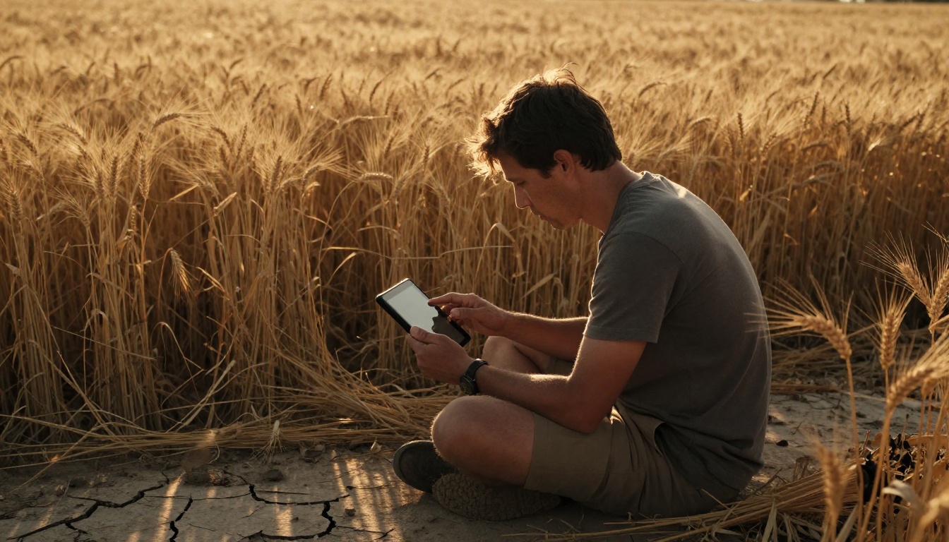 Director reviewing footage on location in a golden wheat field at dusk