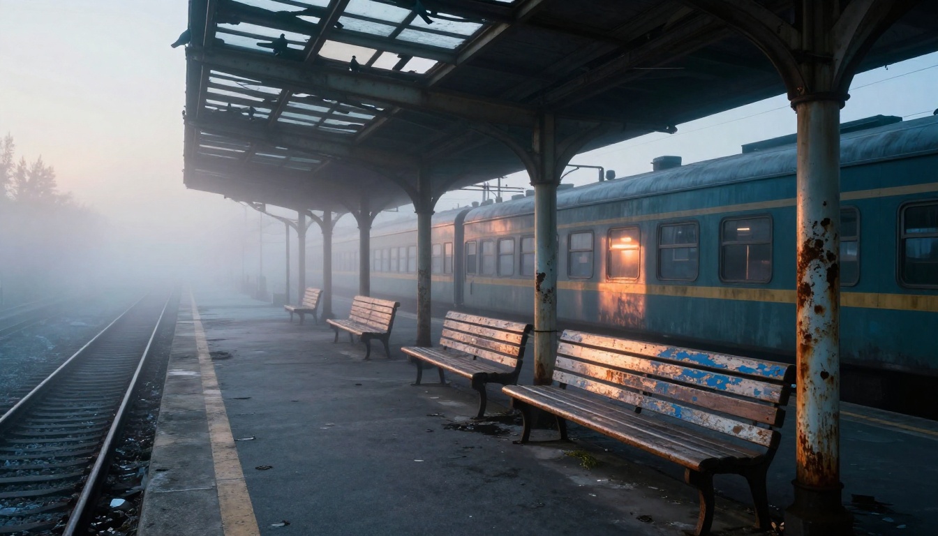 Cinematic wide establishing shot of an abandoned train station at dawn