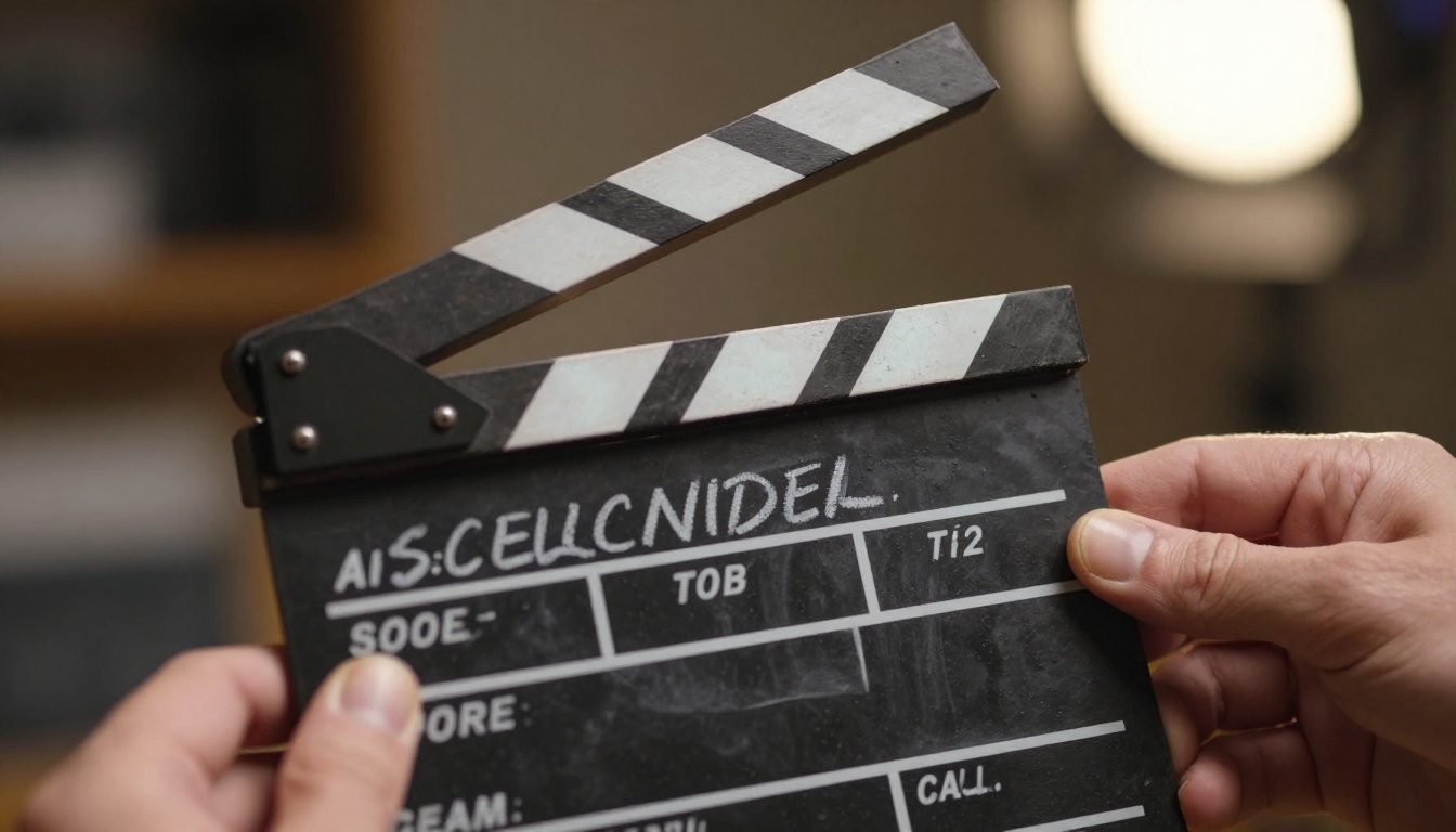 Film clapperboard close-up with chalk scene notation