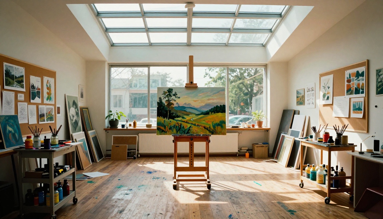 Wide angle view of a sun-drenched art studio interior with easel, canvases, and natural daylight