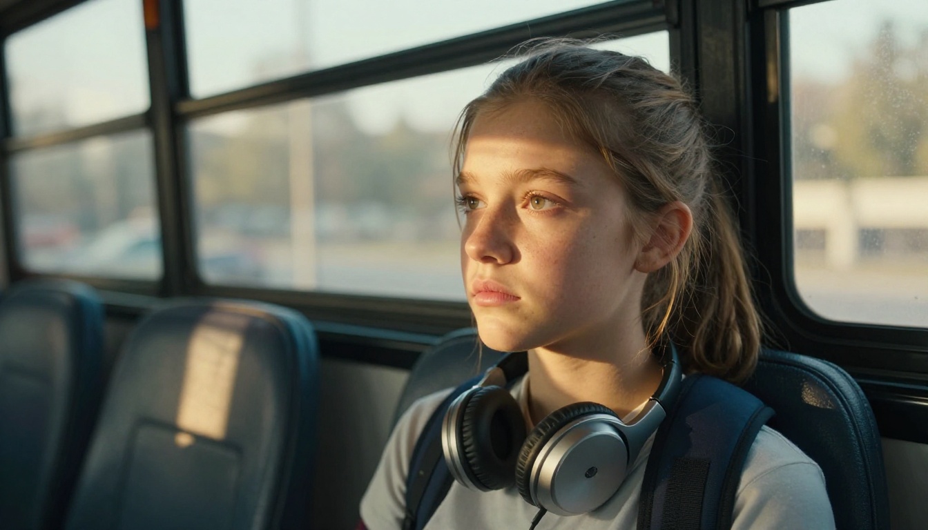 Candid portrait of a teenage girl on a school bus, afternoon sunlight bars cutting across her face through the window