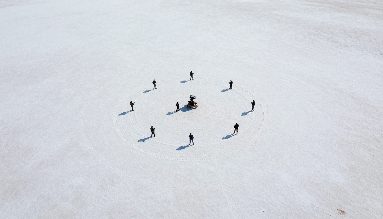 Aerial overhead view of camera crew on white desert salt flat