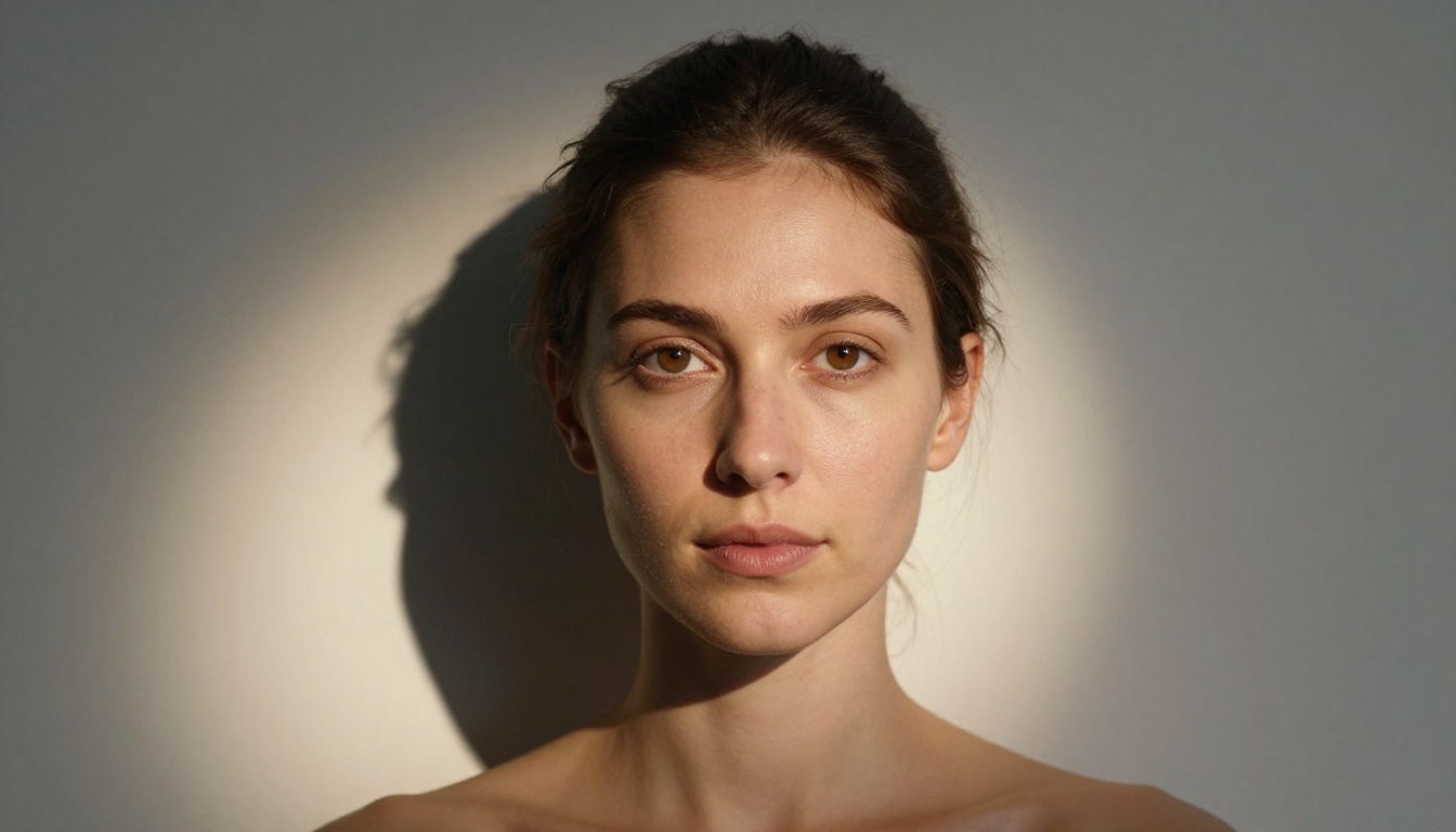 Studio Rembrandt-lit portrait of a woman facing forward, triangular light on cheekbone, neutral expression, white backdrop