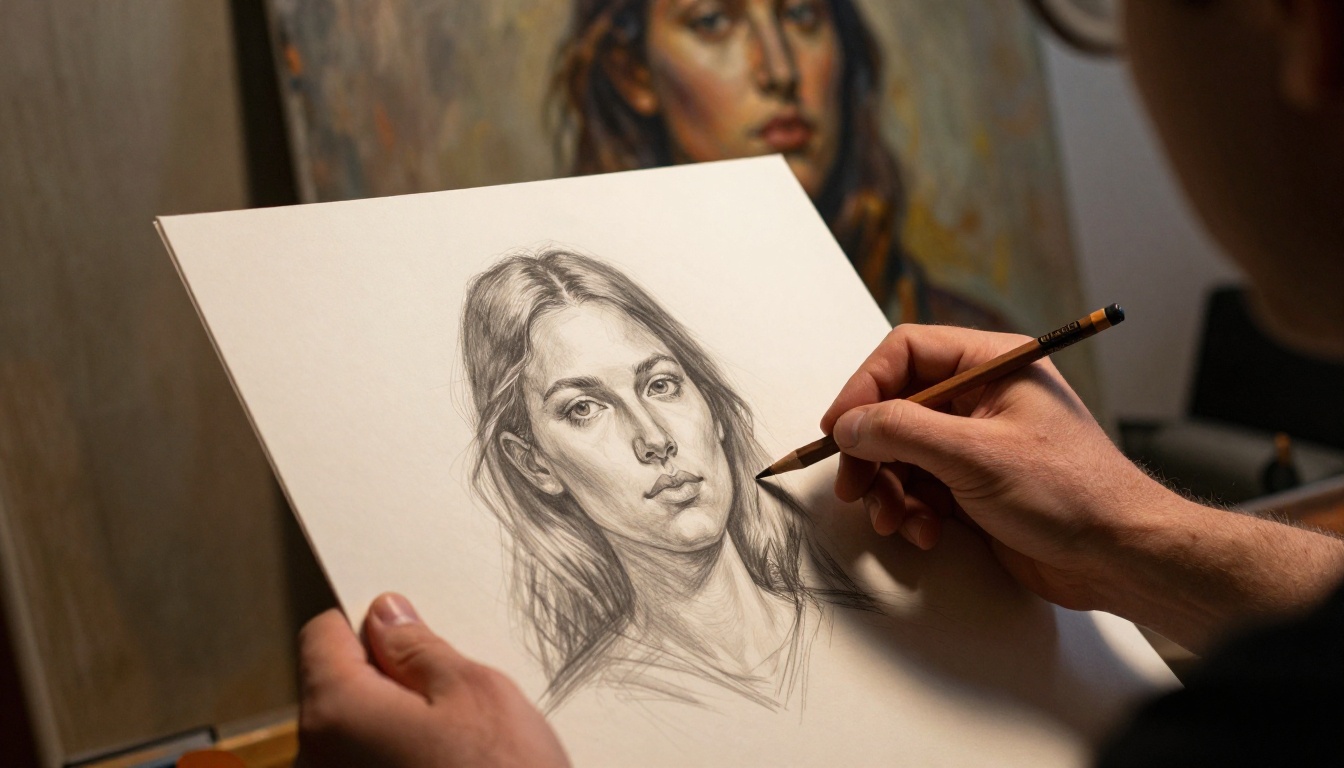 Man's hands holding a pencil sketch portrait with an oil painting of the same subject visible in the background