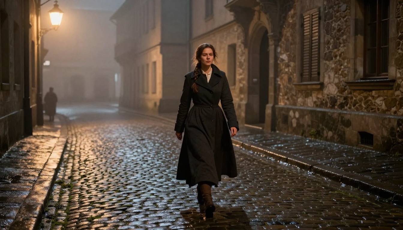 Woman in period costume walking fog-lit cobblestone streets at night
