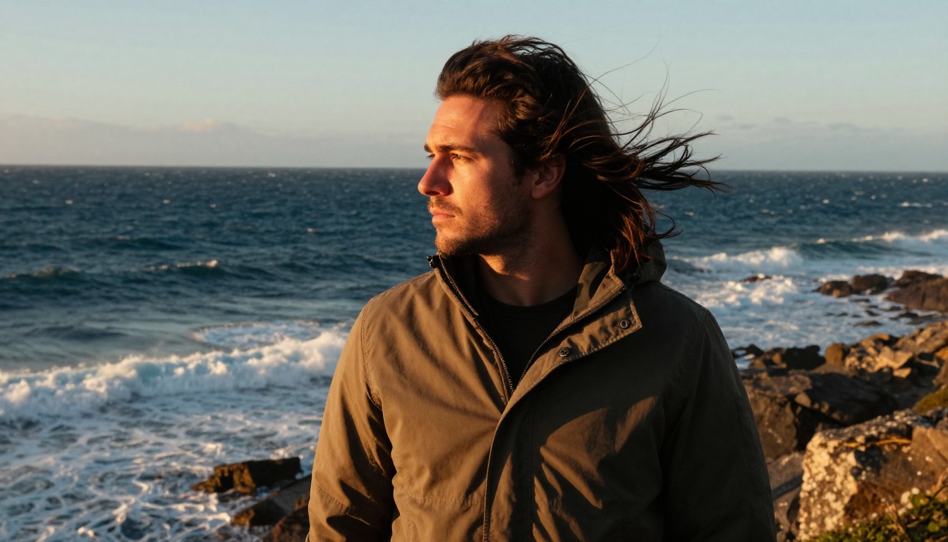 Man on a rocky coastal cliff, golden hour rim light on jaw and shoulder, wind blowing hair, deep indigo Atlantic ocean behind him