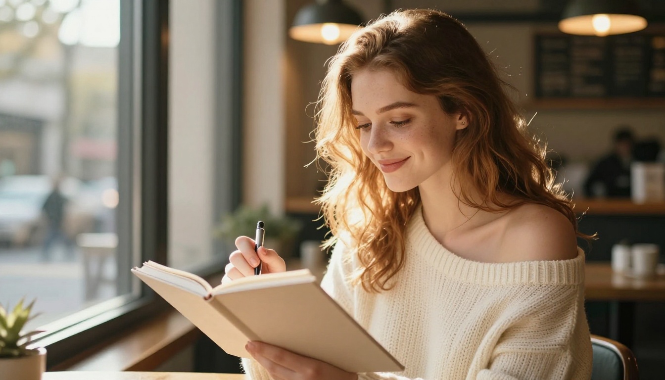 Beautiful young woman with auburn hair sitting at a sunlit cafe window holding a sketchbook