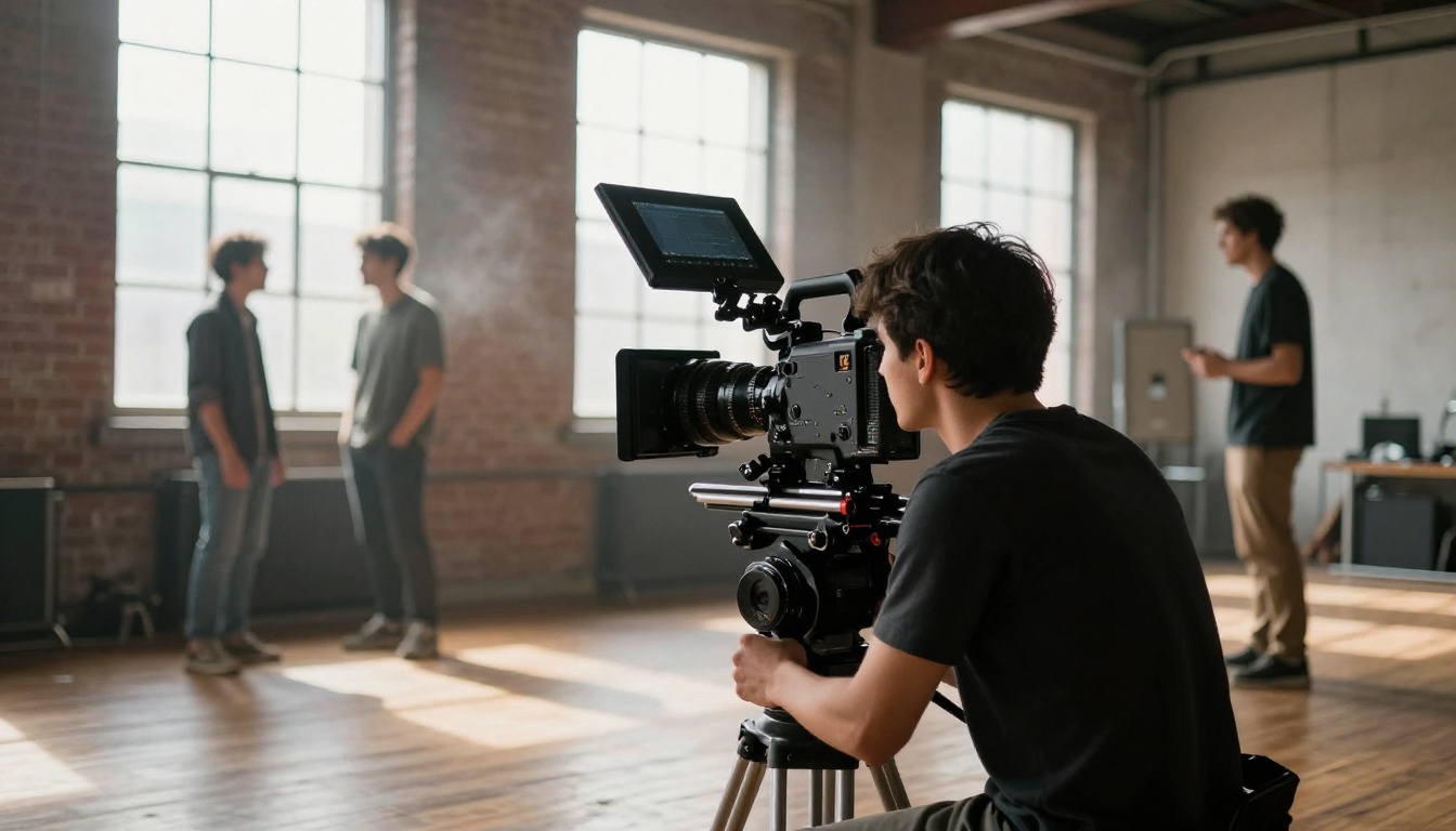 Film camera operator crouching low while filming a dialogue scene indoors Film camera operator crouching low while filming a dialogue scene indoors