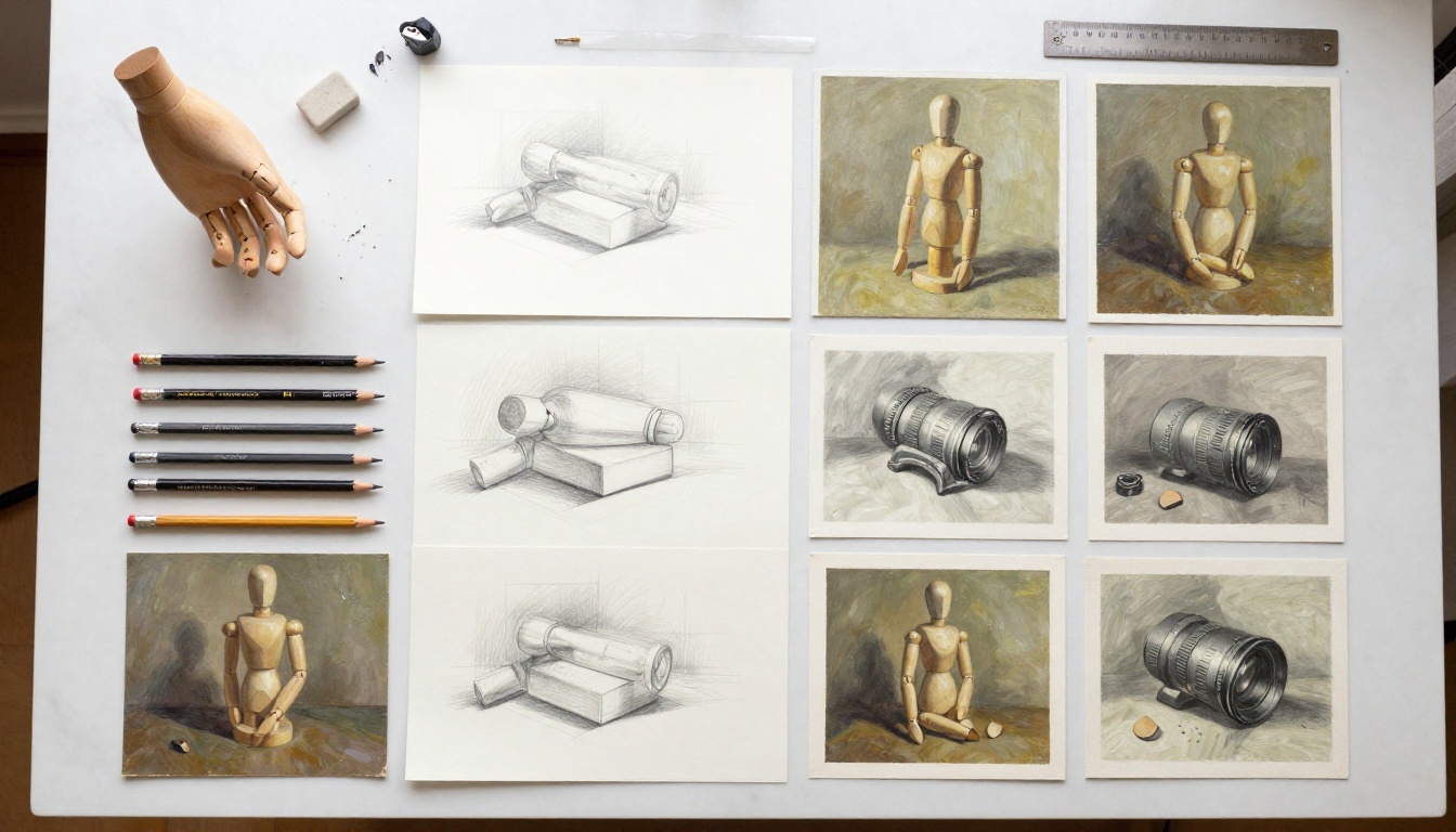 Flat lay aerial shot of artist workspace with pencil sketches and corresponding oil painting studies arranged on marble