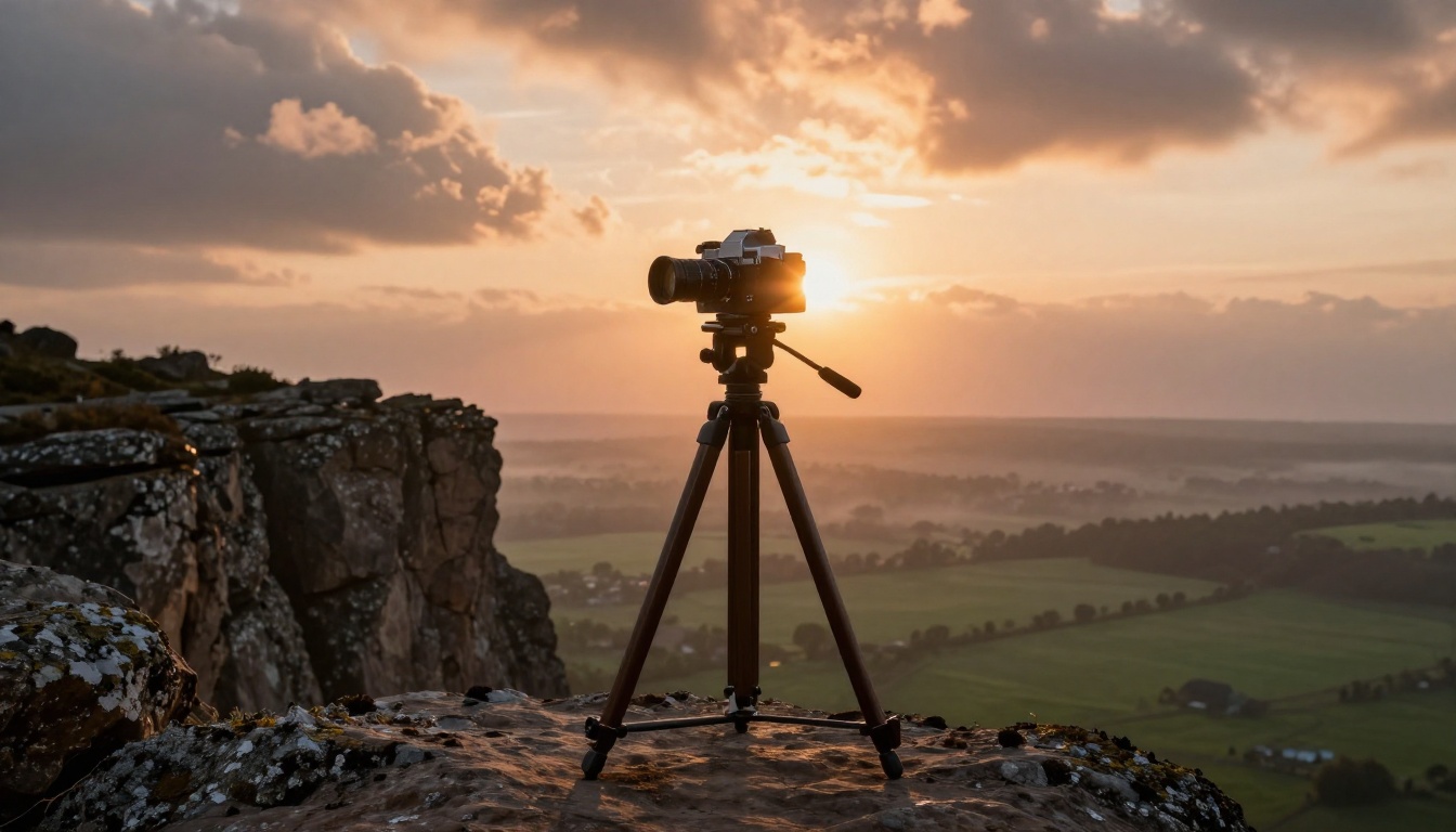 Vintage film camera silhouetted against golden hour sky on cliff edge Vintage film camera silhouetted against golden hour sky on cliff edge
