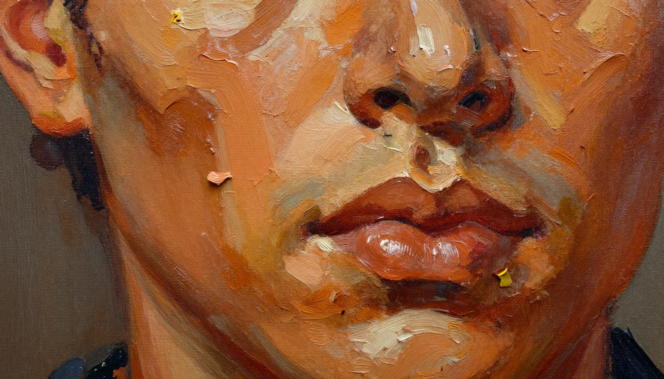 Close-up detail of a partially completed oil painting on canvas showing rich impasto brushstrokes in warm ochres