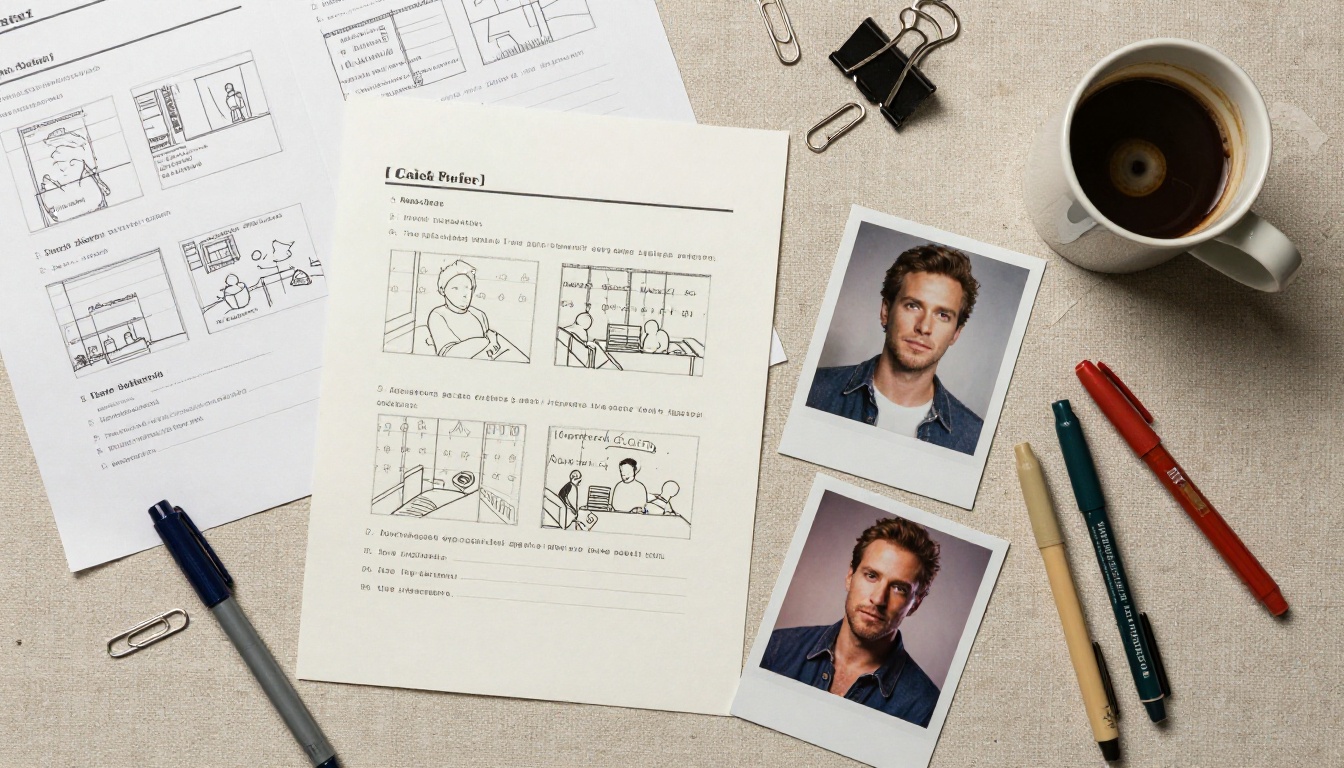Film production workspace flat-lay with storyboards and call sheets Film production workspace flat-lay with storyboards and call sheets