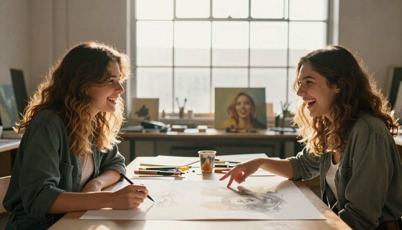 Two young women sitting at a studio table, laughing and pointing at a sketch-to-painting comparison print