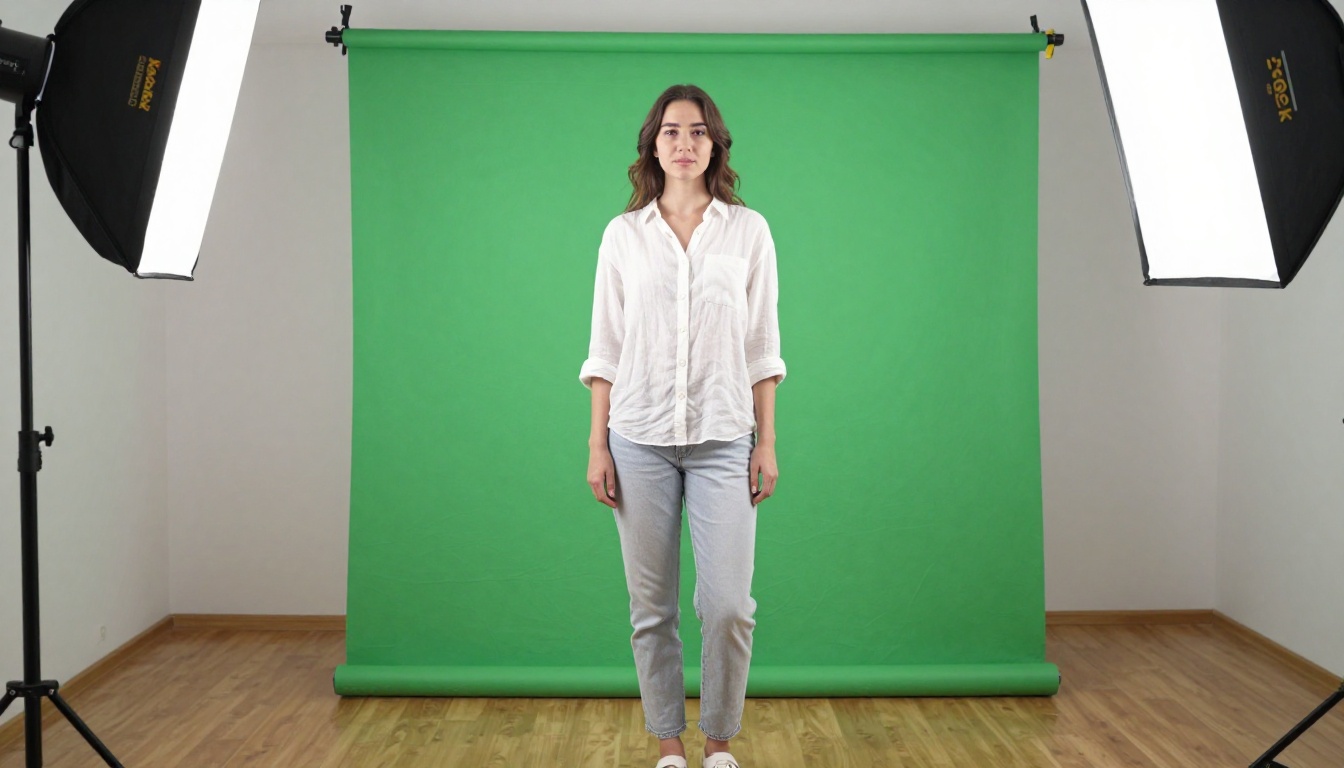 Woman in front of green screen in home studio
