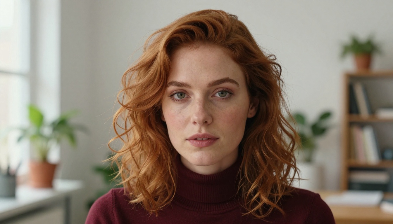 A woman with auburn hair and defined features seated in a bright studio