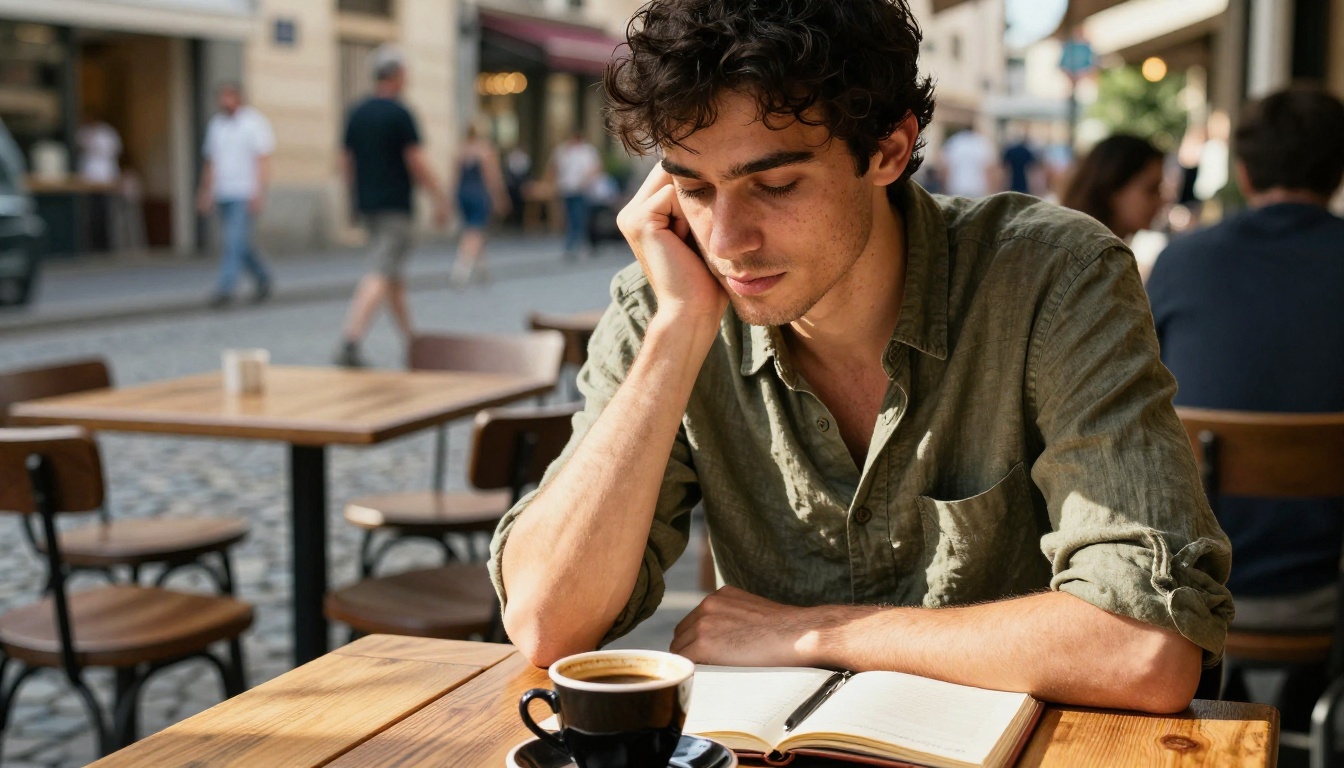 A young man with dark curly hair at a café table, warm afternoon light