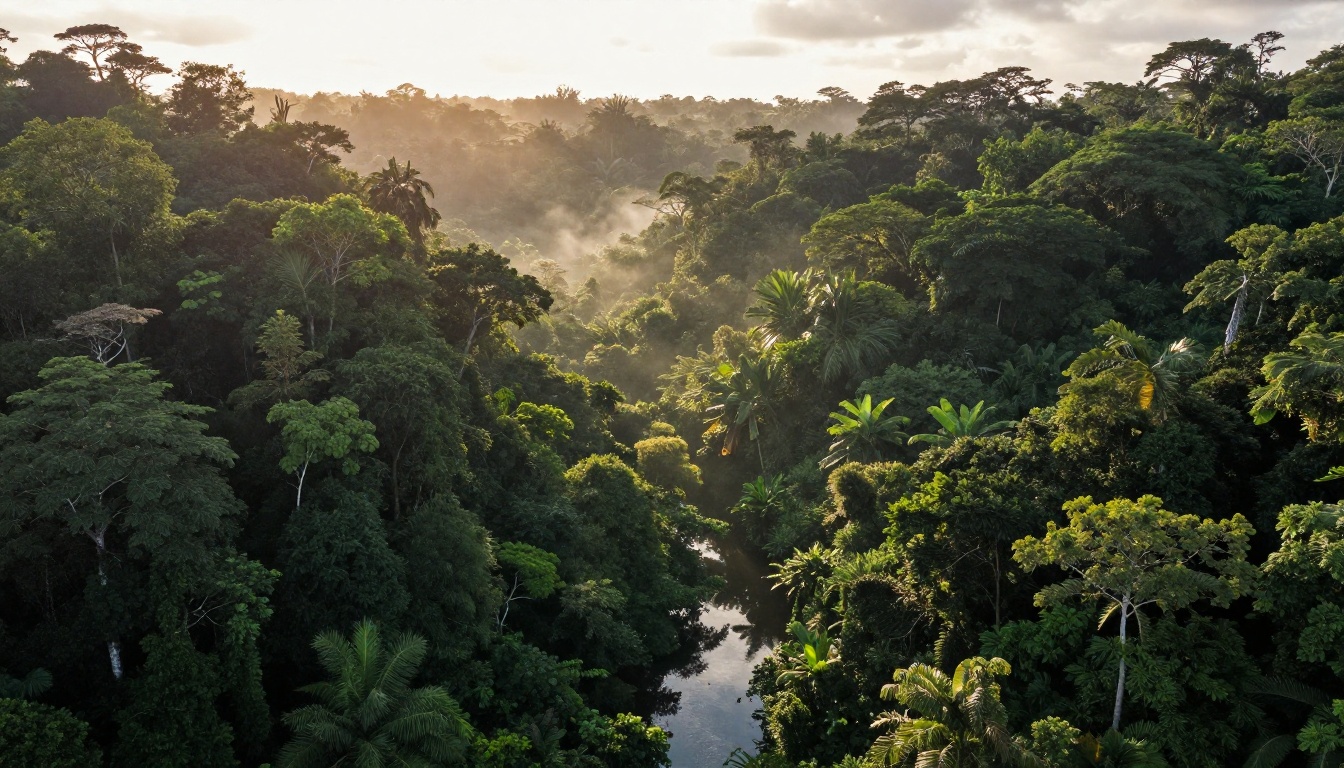 Aerial view of tropical rainforest canopy at golden hour