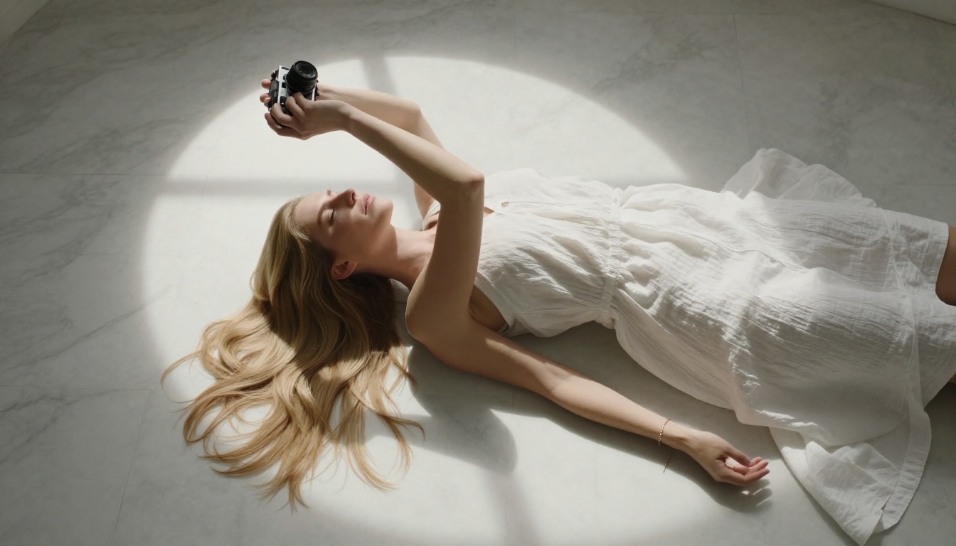 Aerial overhead shot of a woman with long blonde hair on a white marble floor
