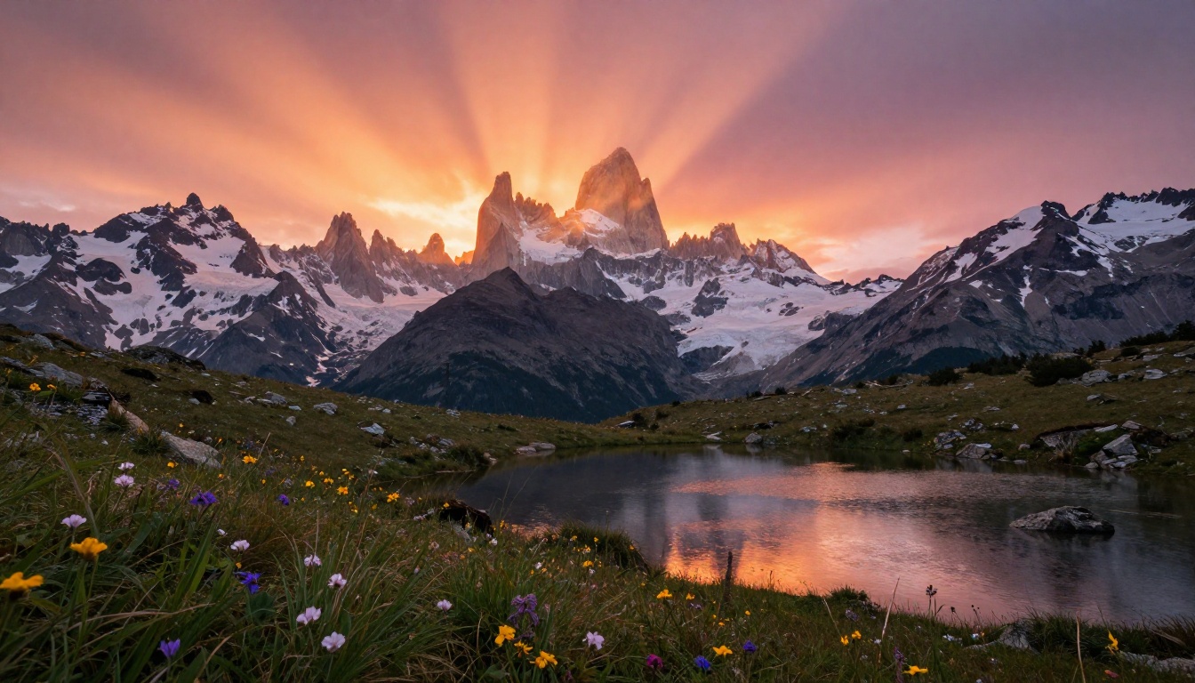 Dramatic mountain landscape at golden hour with wildflowers