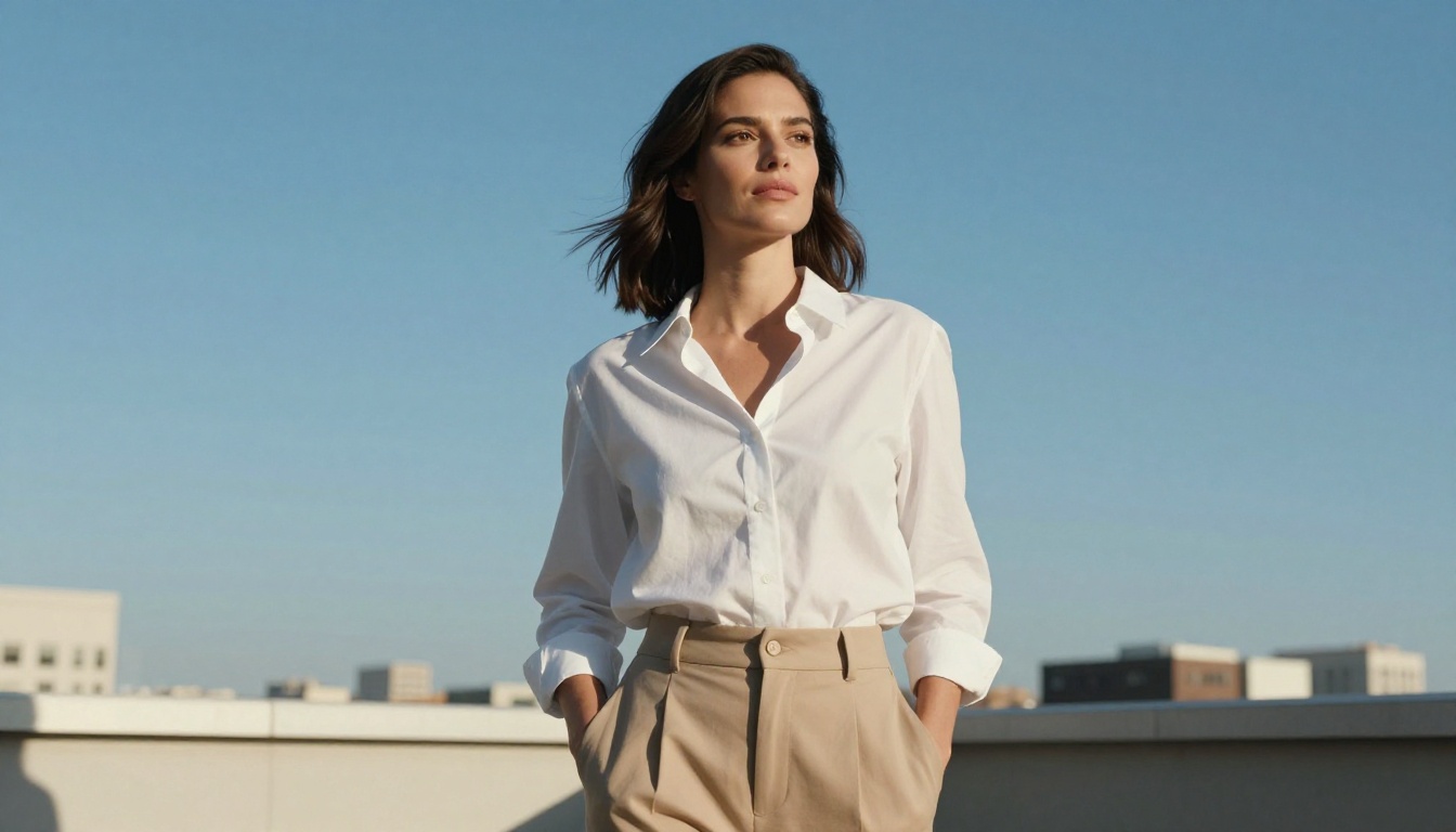 Low-angle shot of a confident woman on a rooftop terrace against a clear blue sky
