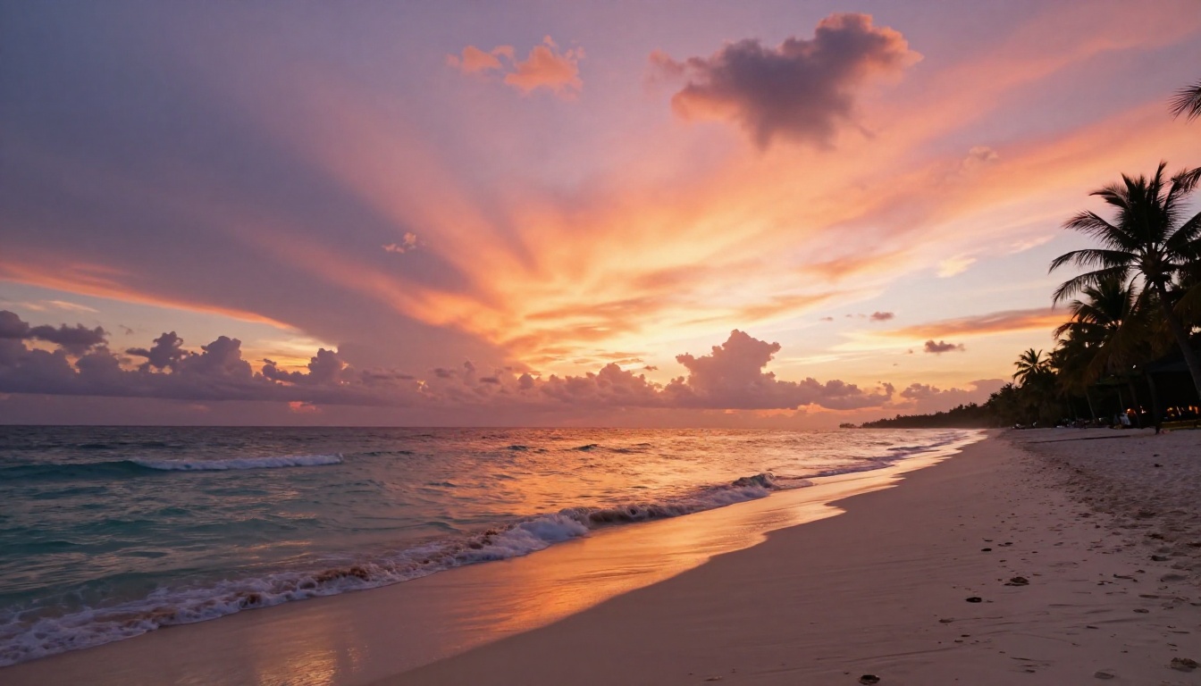 Photorealistic tropical beach background at golden hour