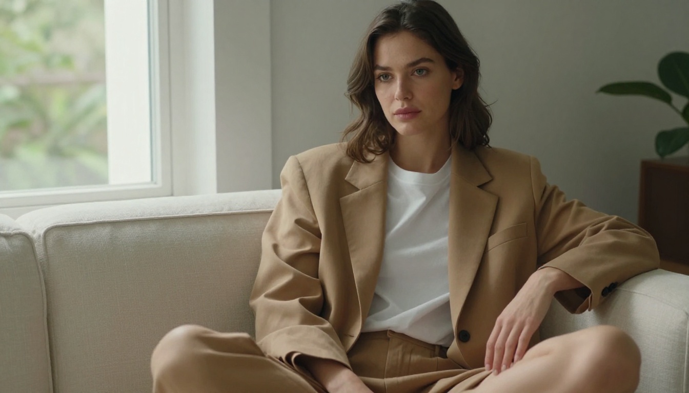 A woman with green eyes seated on a cream sofa in natural window light
