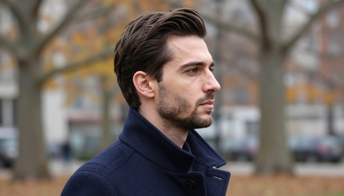 Side profile of a man with dark hair and stubble in an autumn park setting