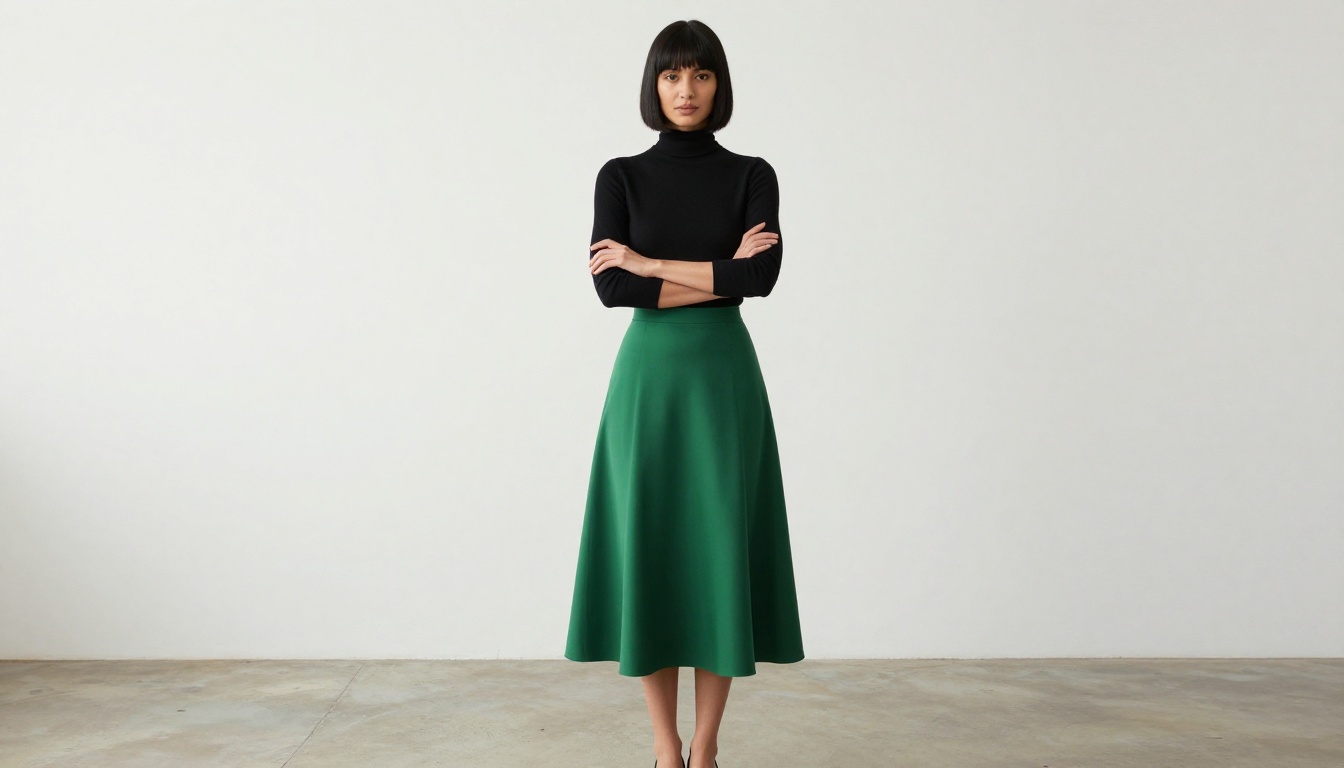 Full body shot of a woman with a black bob in a minimalist white photography studio