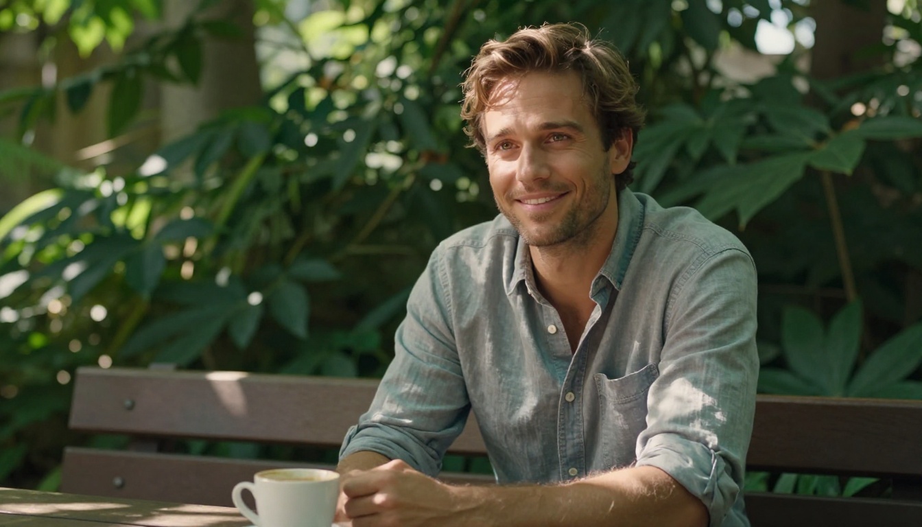 A man with light brown hair smiling at an outdoor garden bench in dappled sunlight