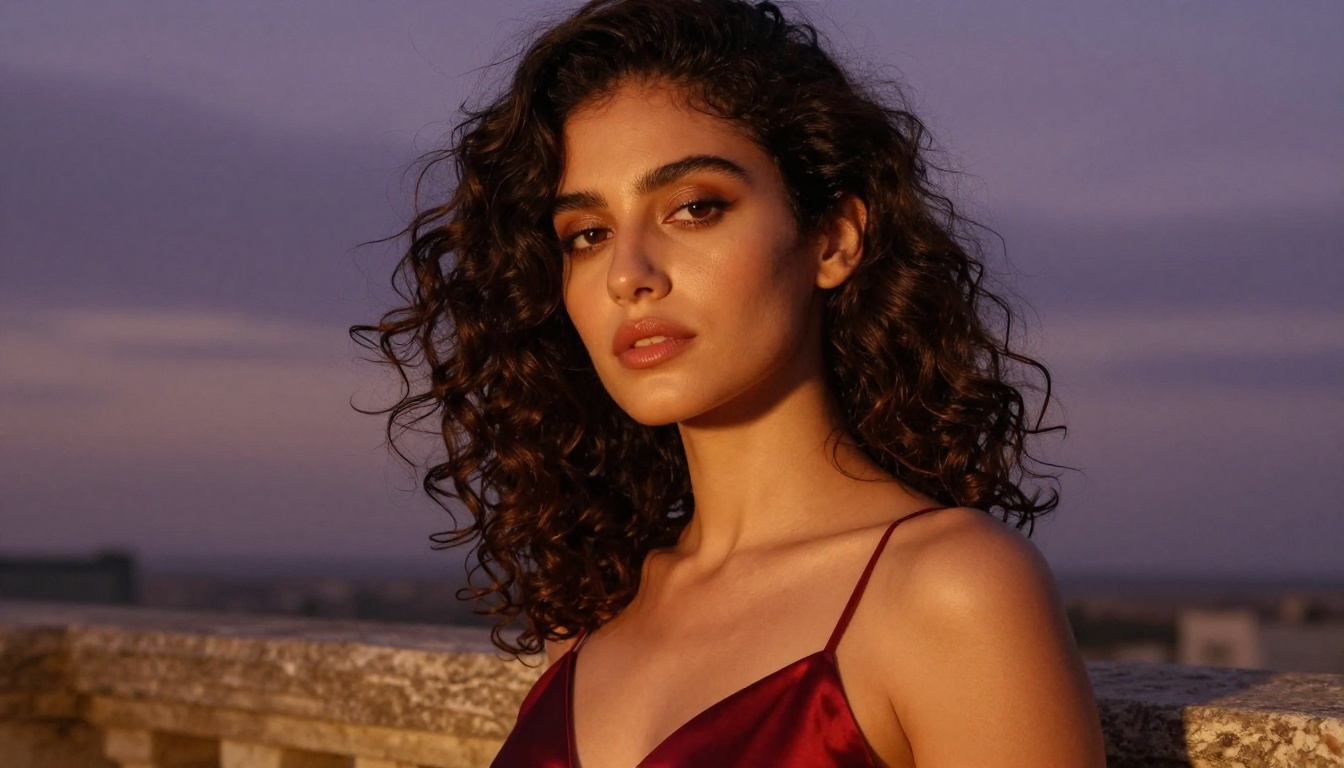 Dramatic low-angle close-up of a woman with dark curly hair on a stone balcony at dusk