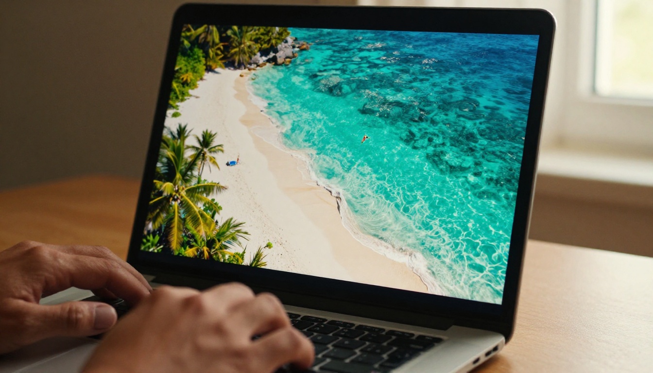 Crystal-clear 4K image displayed on a laptop screen showing a tropical beach with turquoise water