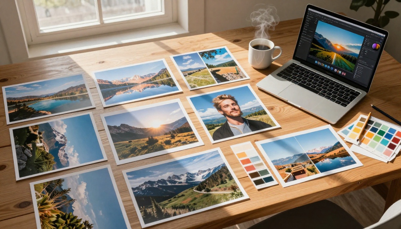 Aerial view of a creative workspace with printed photographs, laptop, and coffee mug on a wooden table